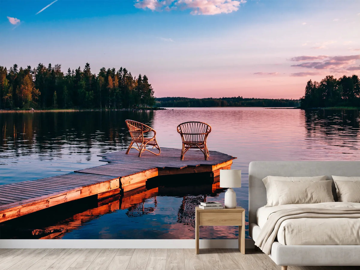 photo-wallpaper-two-wooden-chairs-on-a-wood-pier-overlooking-a-lake-at-sunset