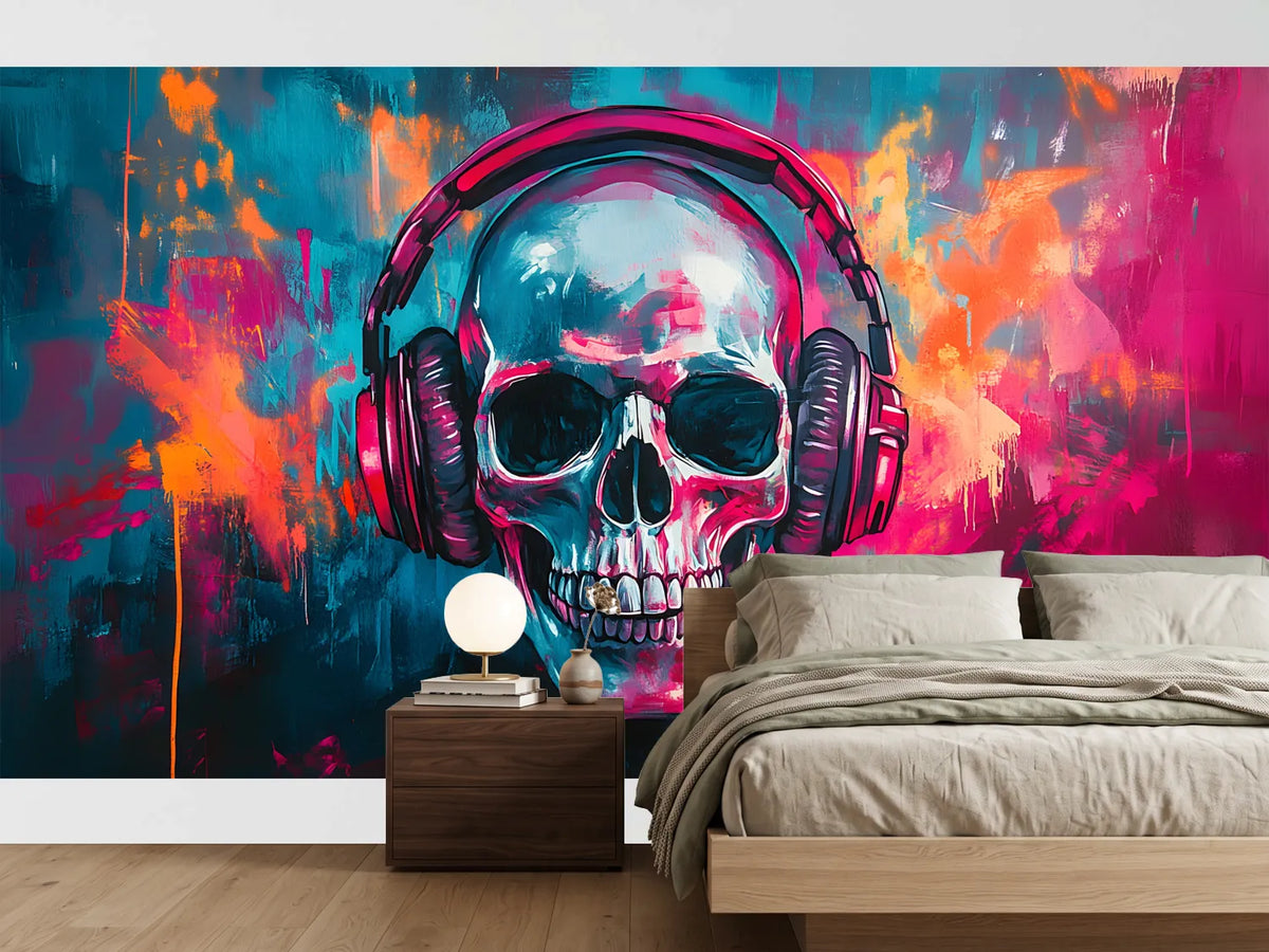 photo-wallpaper-skull-with-headphones-against-neon-pink-and-turquoise