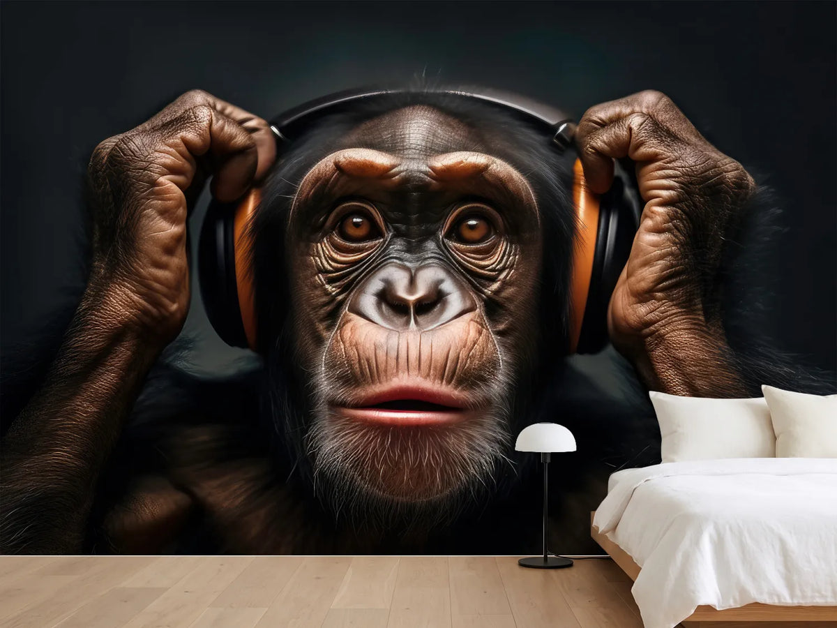 photo-wallpaper-chimpanzee-with-headphones-generative-ai