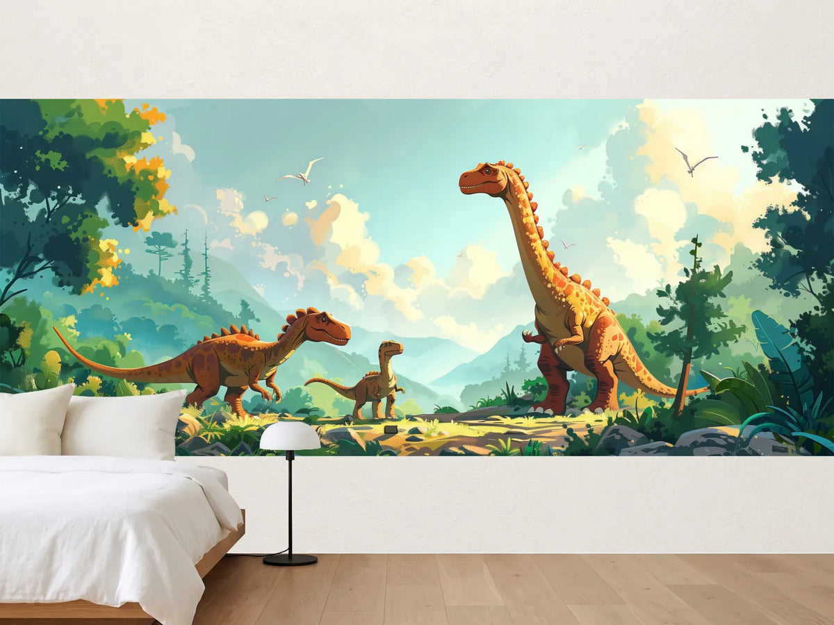 photo-wallpaper-friendly-dinosaurs-in-a-green-prehistoric-valley-gentle-illustration
