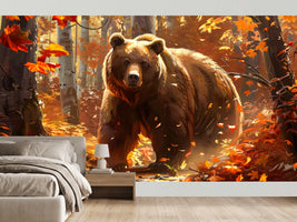 photo-wallpaper-brown-bear-in-a-glowing-autumn-forest-with-warm-backlight