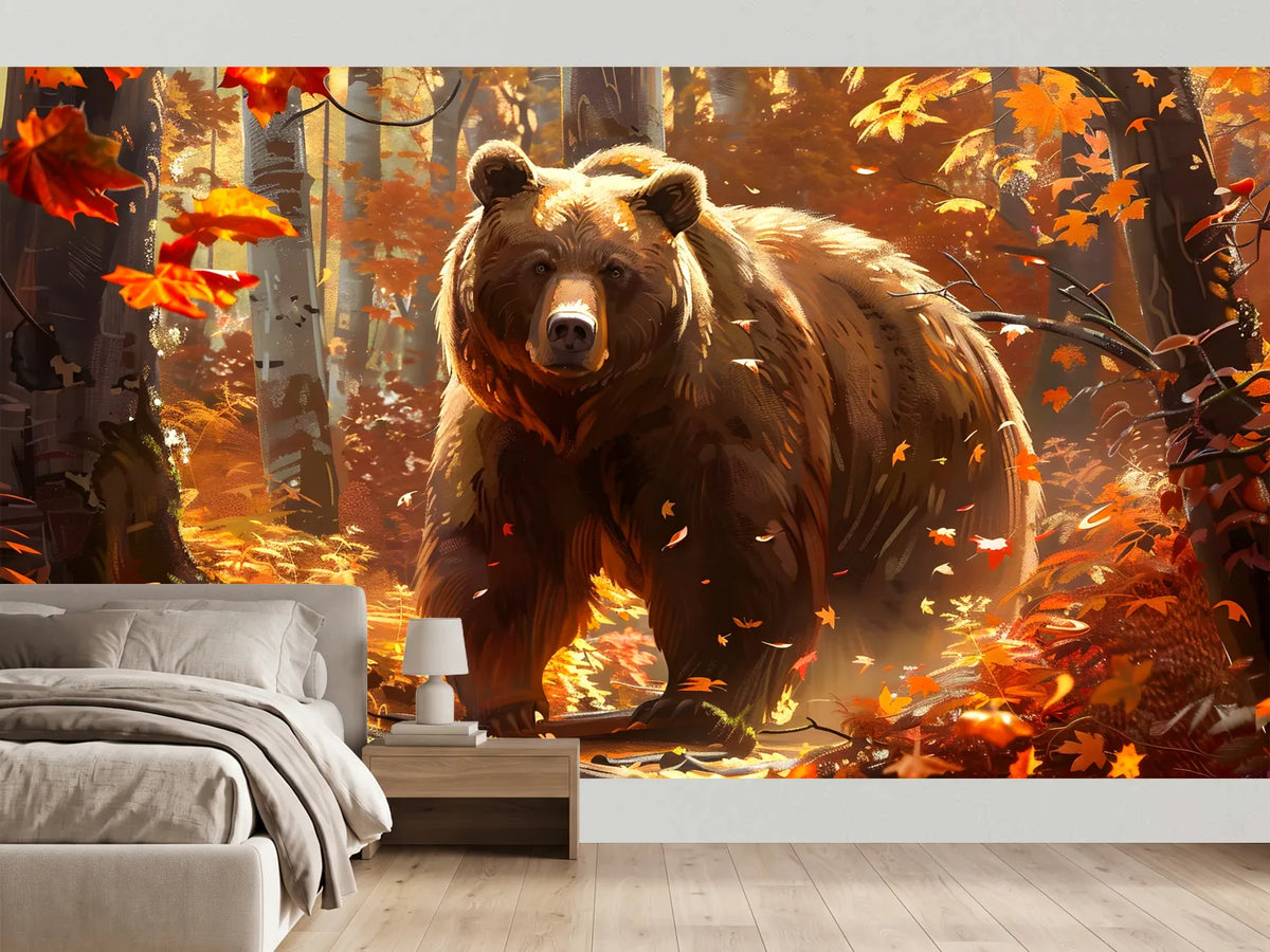photo-wallpaper-brown-bear-in-a-glowing-autumn-forest-with-warm-backlight