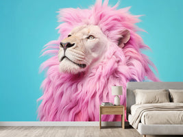 photo-wallpaper-lion-with-pink-mane-in-a-colourful-jumper-on-turquoise