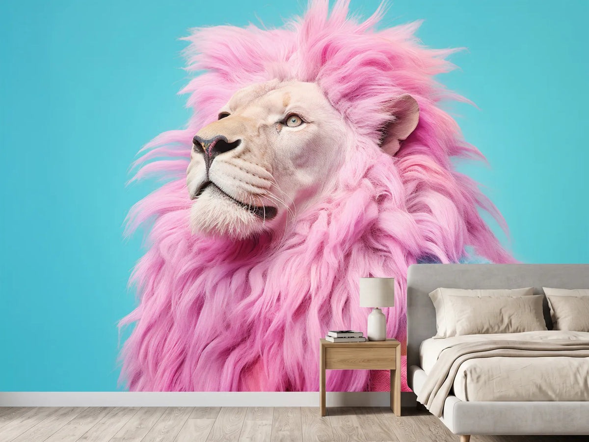 photo-wallpaper-lion-with-pink-mane-in-a-colourful-jumper-on-turquoise