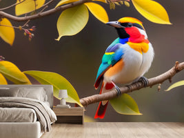 photo-wallpaper-brightly-coloured-bird-on-a-branch-among-yellow-leaves