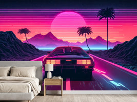 photo-wallpaper-sports-car-on-a-neon-highway-toward-a-retro-sun-with-glowing-palms