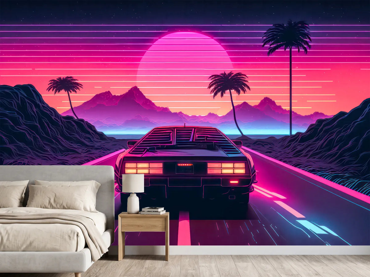 photo-wallpaper-sports-car-on-a-neon-highway-toward-a-retro-sun-with-glowing-palms
