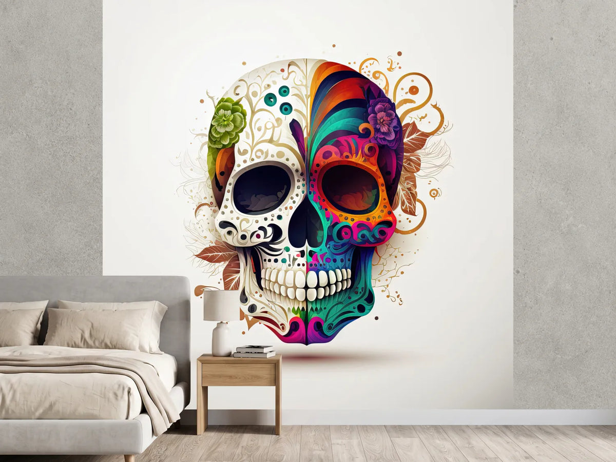 photo-wallpaper-sugar-skull-split-in-two-white-filigree-meets-vivid-colour