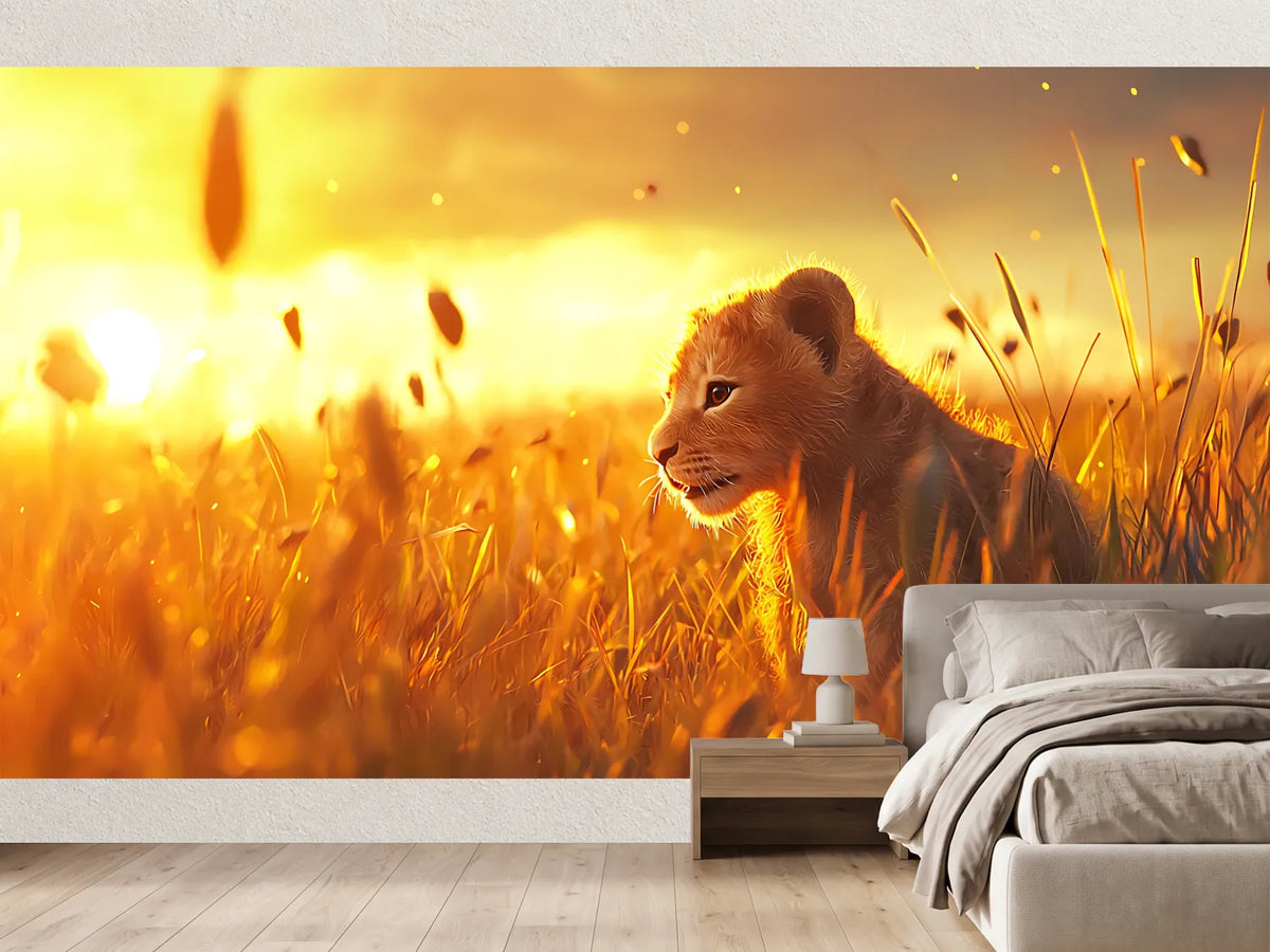 photo-wallpaper-a-baby-lion-is-sitting-in-the-grass-in-front-of-a-sunset