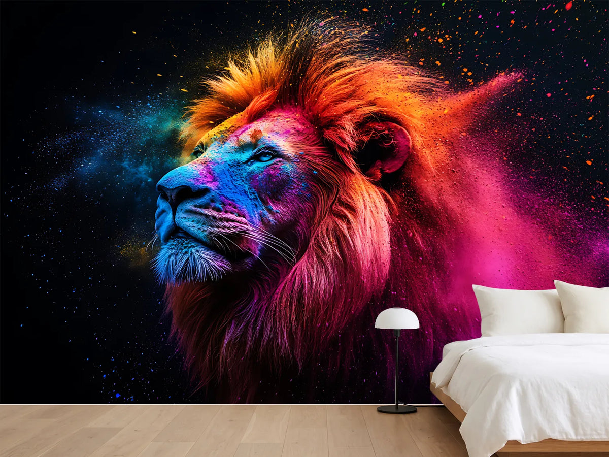 photo-wallpaper-lion-in-profile-amid-pink-and-orange-colour-powder