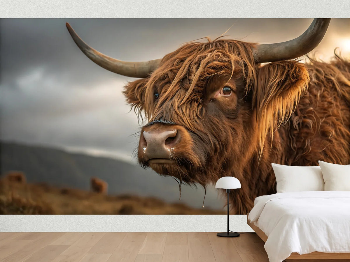 photo-wallpaper-highland-cow-close-up-with-shaggy-coat-under-a-brooding-sky