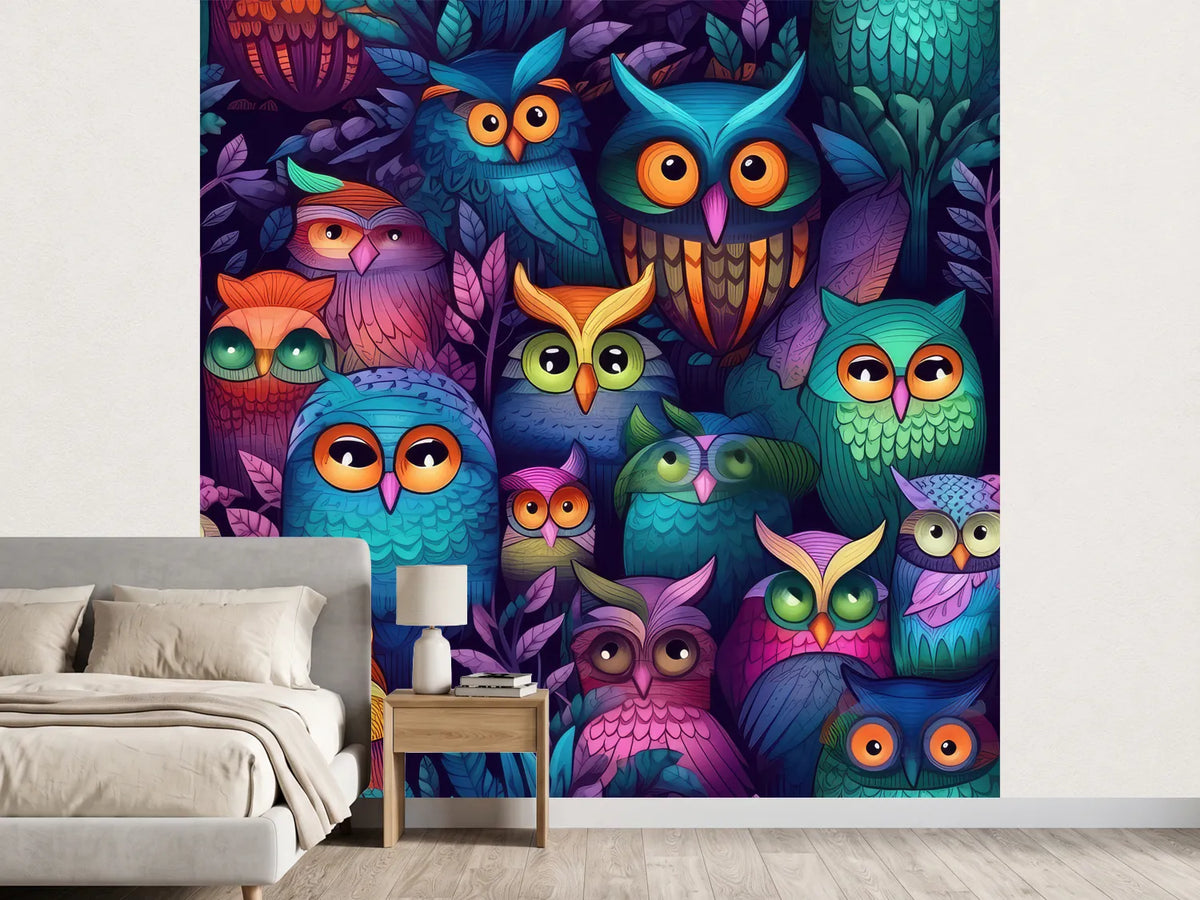 photo-wallpaper-colourful-owls-in-dark-night-foliage-glowing-illustration
