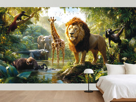 photo-wallpaper-lion-and-jungle-animals-at-a-sunlit-watering-hole