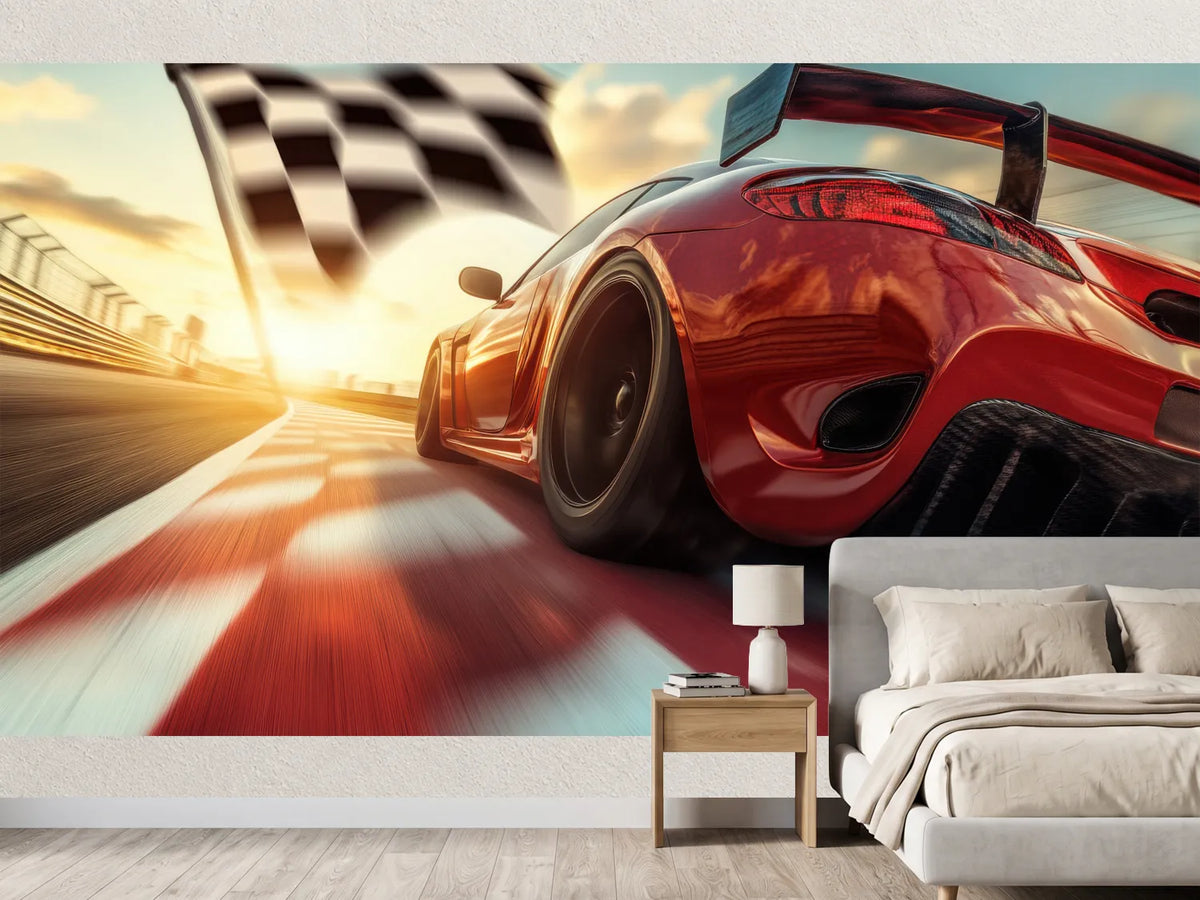 photo-wallpaper-red-race-car-sweeping-past-the-chequered-flag-in-low-evening-sun