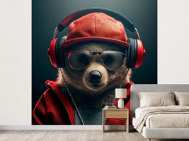 photo-wallpaper-portrait-of-bear-wearing-hat-and-headphone-with-generative-ai