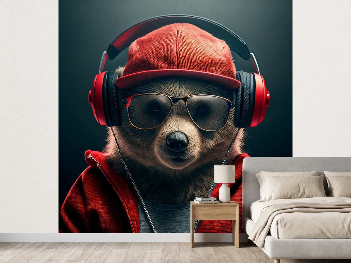 photo-wallpaper-portrait-of-bear-wearing-hat-and-headphone-with-generative-ai