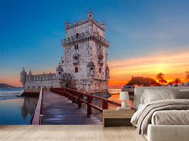 photo-wallpaper-belem-tower-at-fiery-sunset-with-red-walkway-over-the-tagus