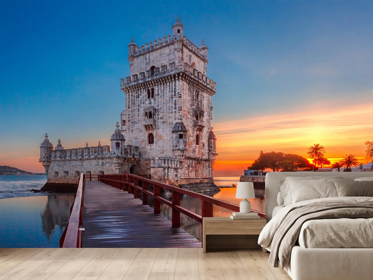 photo-wallpaper-belem-tower-at-fiery-sunset-with-red-walkway-over-the-tagus