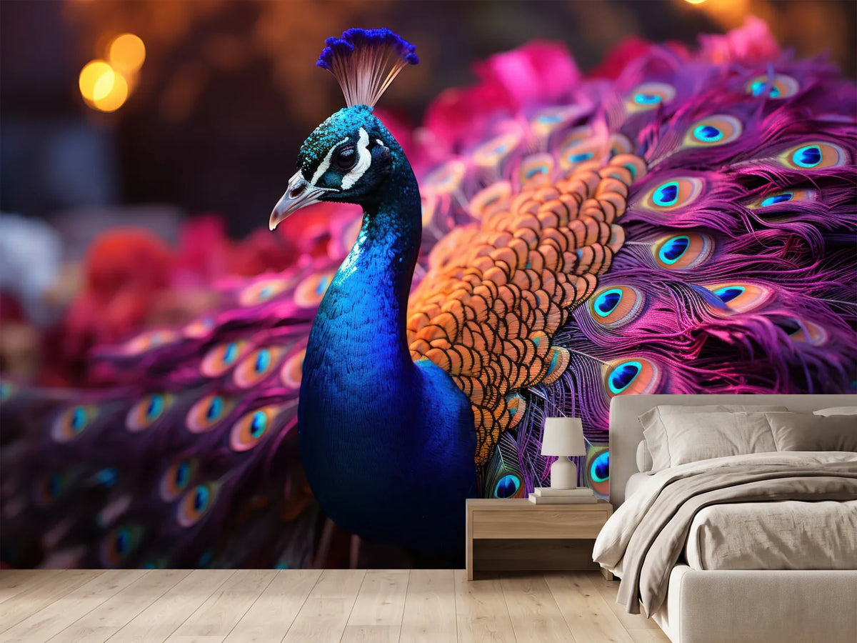 photo-wallpaper-peacock-with-iridescent-tail-fanned-in-blue-and-magenta