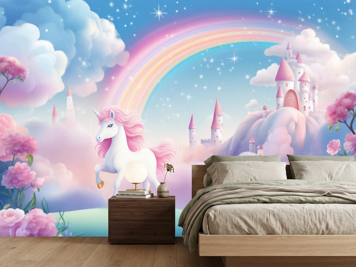 photo-wallpaper-unicorn-before-a-fairy-tale-castle-beneath-a-pastel-rainbow