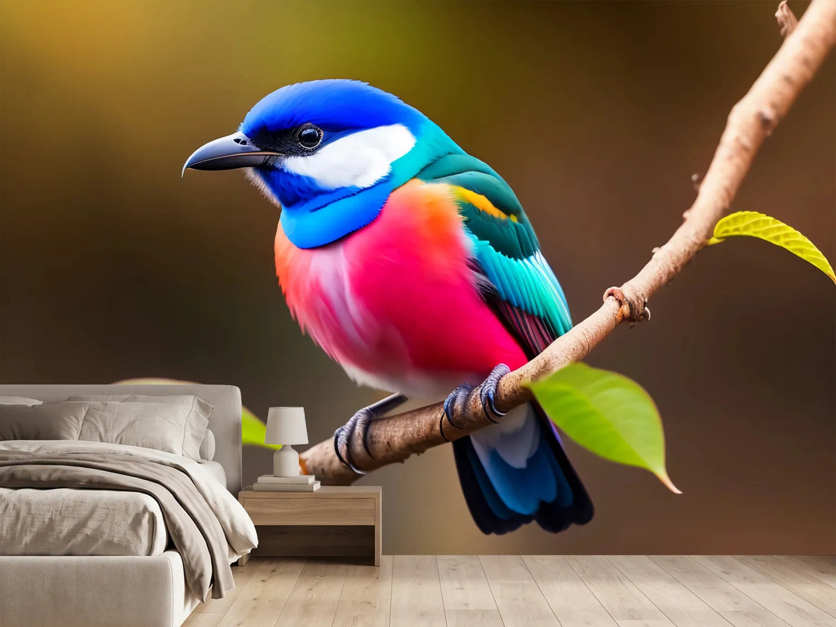 photo-wallpaper-vividly-coloured-songbird-perched-on-a-twig-in-warm-light