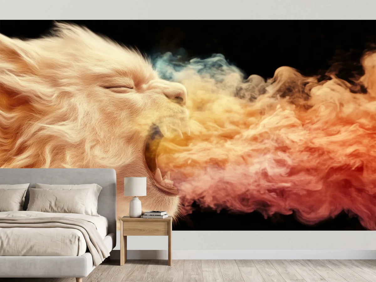 photo-wallpaper-roaring-lion-in-profile-exhaling-coloured-smoke-against-black