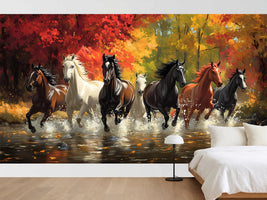 photo-wallpaper-herd-of-horses-galloping-through-a-river-before-blazing-autumn-foliage
