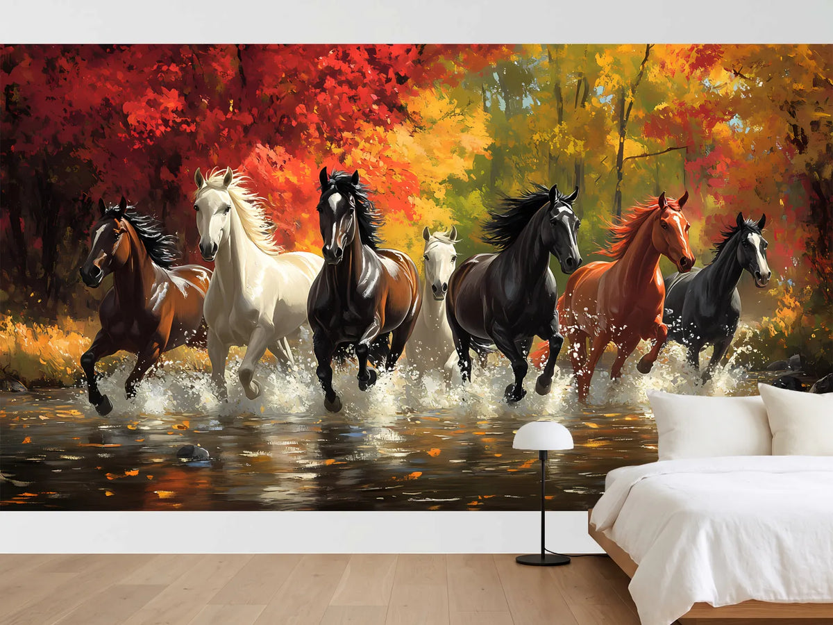 photo-wallpaper-herd-of-horses-galloping-through-a-river-before-blazing-autumn-foliage