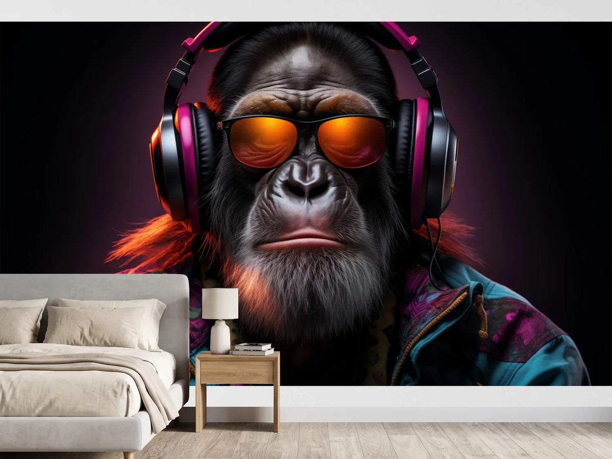 photo-wallpaper-ape-in-pink-headphones-and-orange-sunglasses-under-neon-light