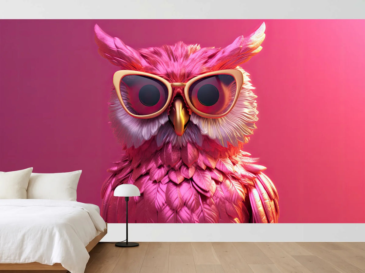 photo-wallpaper-pink-owl-in-golden-sunglasses-against-magenta
