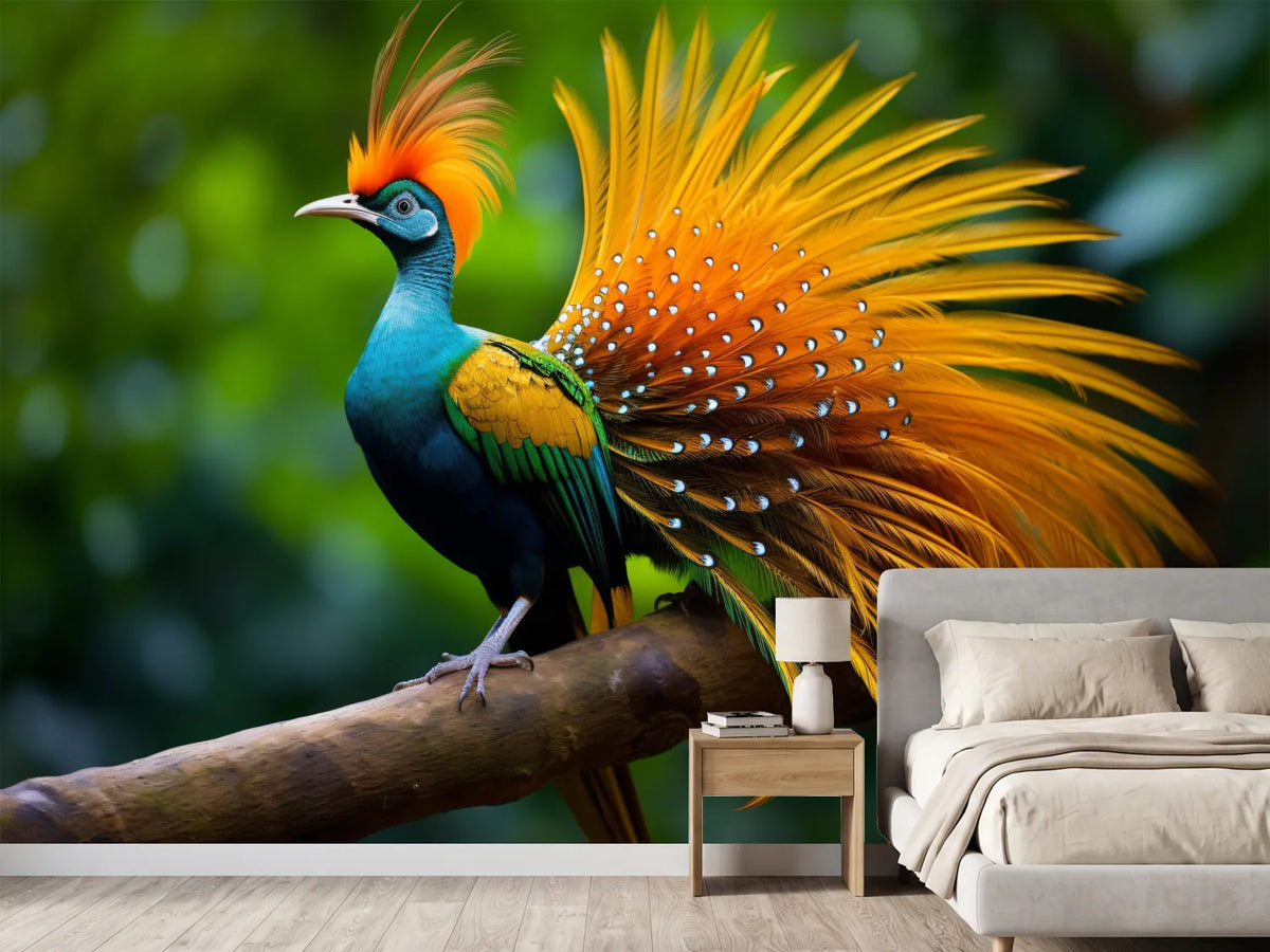 photo-wallpaper-a-colorful-bird-with-a-long-tail-sitting-on-a-branch