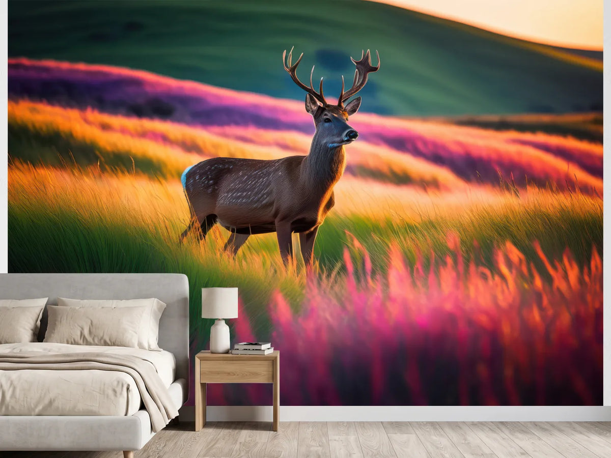 photo-wallpaper-stag-in-glowing-grasslands-at-sunset