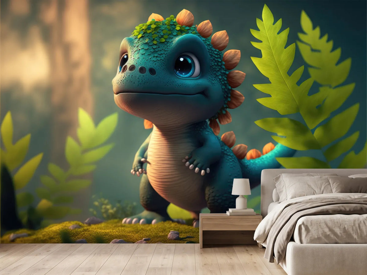 photo-wallpaper-little-dinosaur-among-ferns-in-a-soft-green-forest