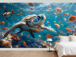 photo-wallpaper-sea-turtle-gliding-over-a-colourful-coral-reef-in-turquoise-light