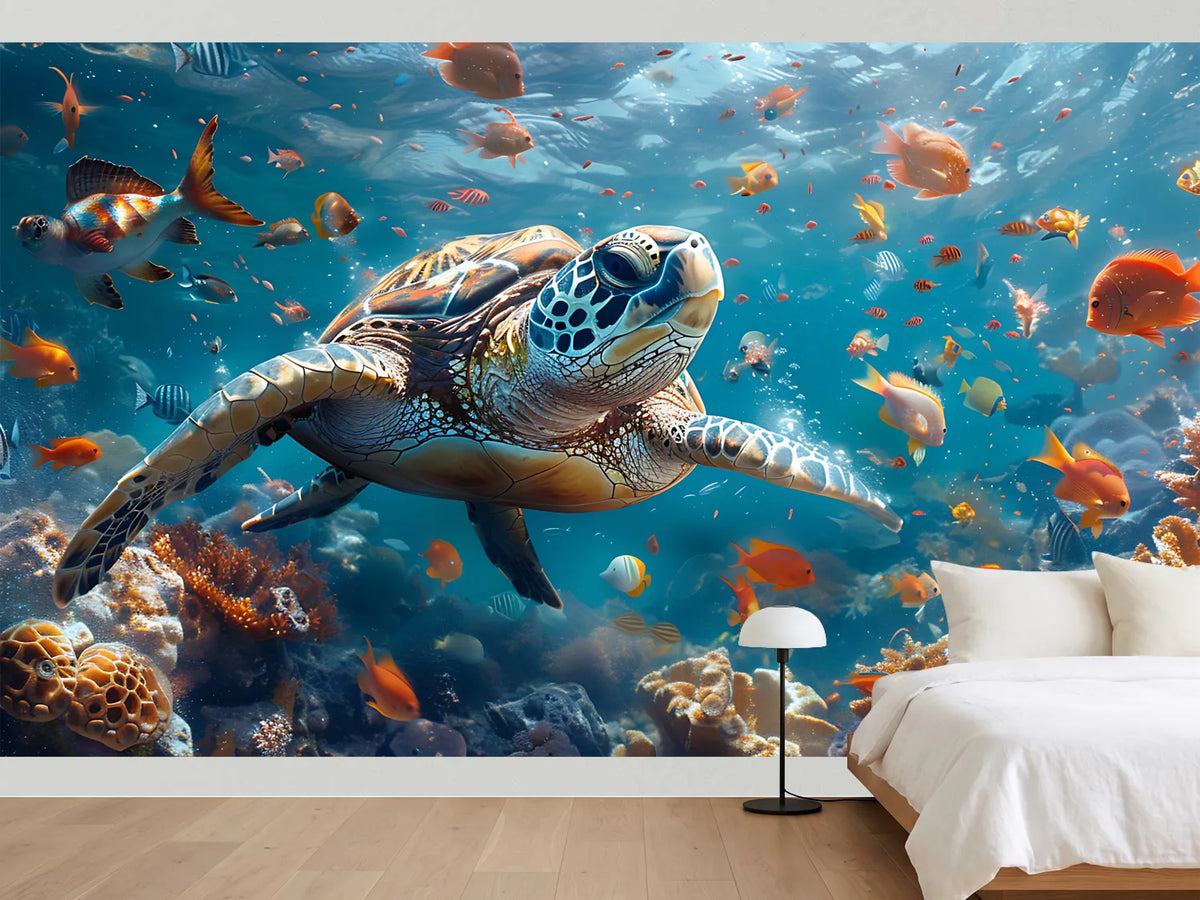 photo-wallpaper-sea-turtle-gliding-over-a-colourful-coral-reef-in-turquoise-light