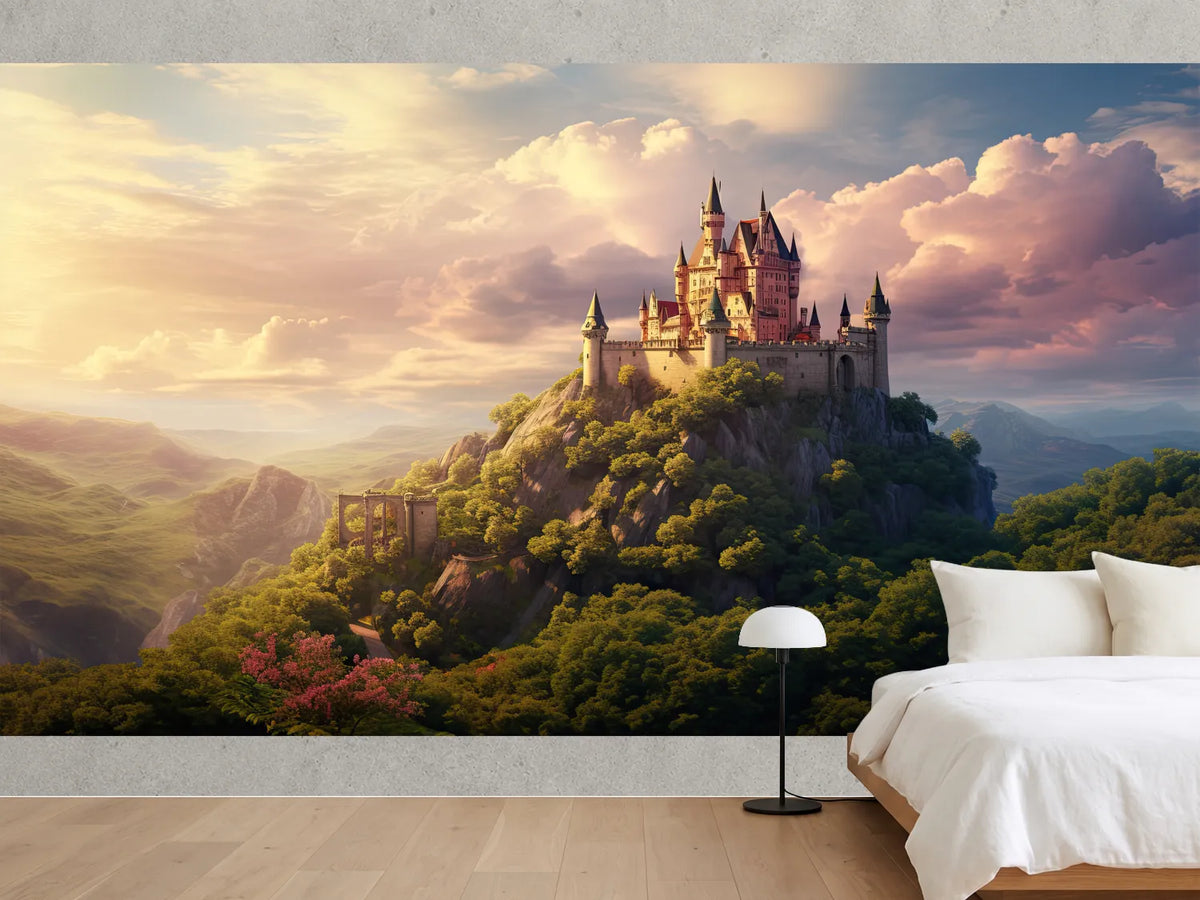 photo-wallpaper-fairytale-castle-on-a-wooded-crag-in-golden-evening-light