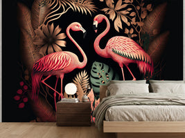photo-wallpaper-two-flamingos-in-dark-jungle-foliage-art-deco-in-rose-and-copper
