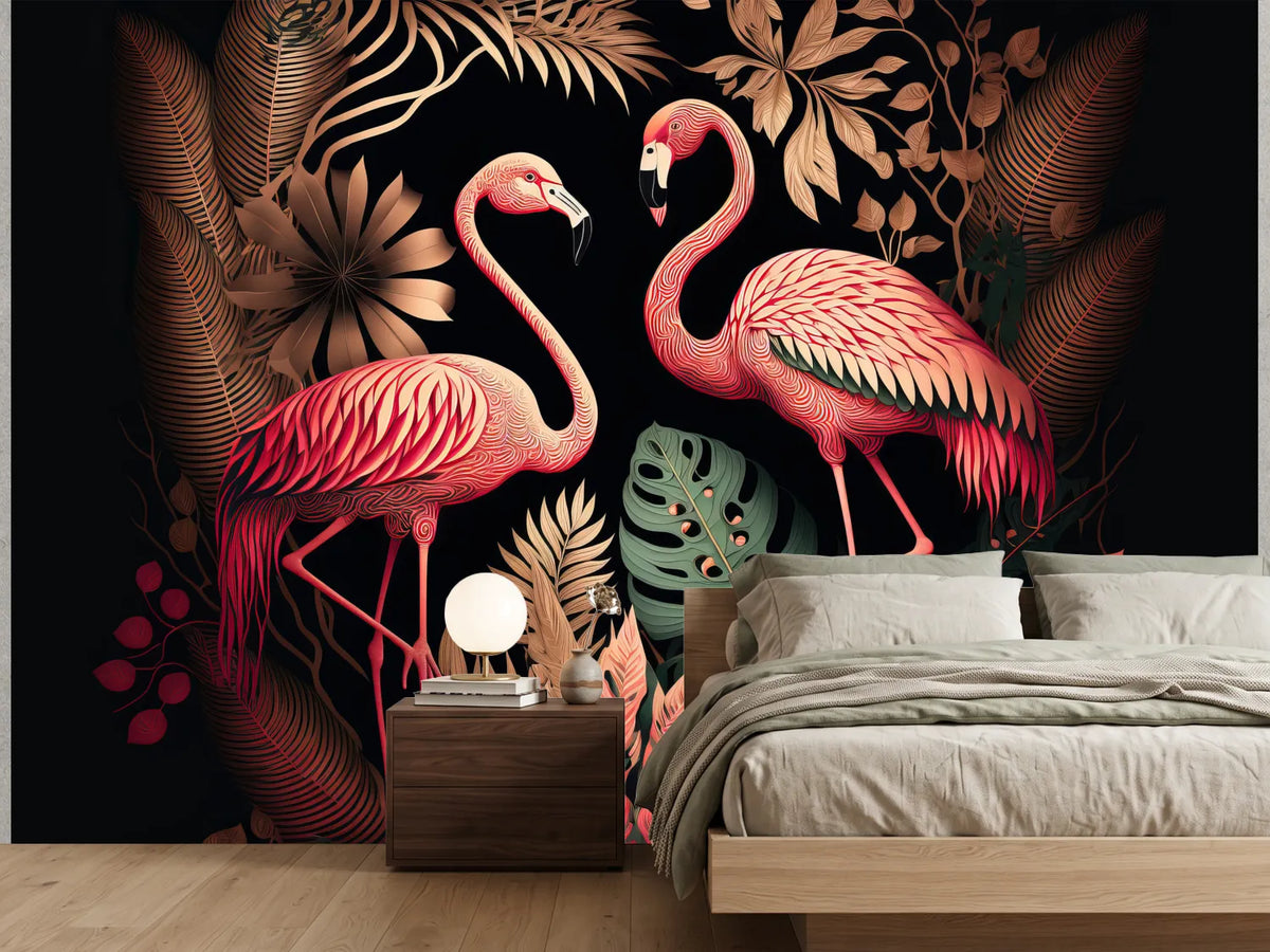 photo-wallpaper-two-flamingos-in-dark-jungle-foliage-art-deco-in-rose-and-copper