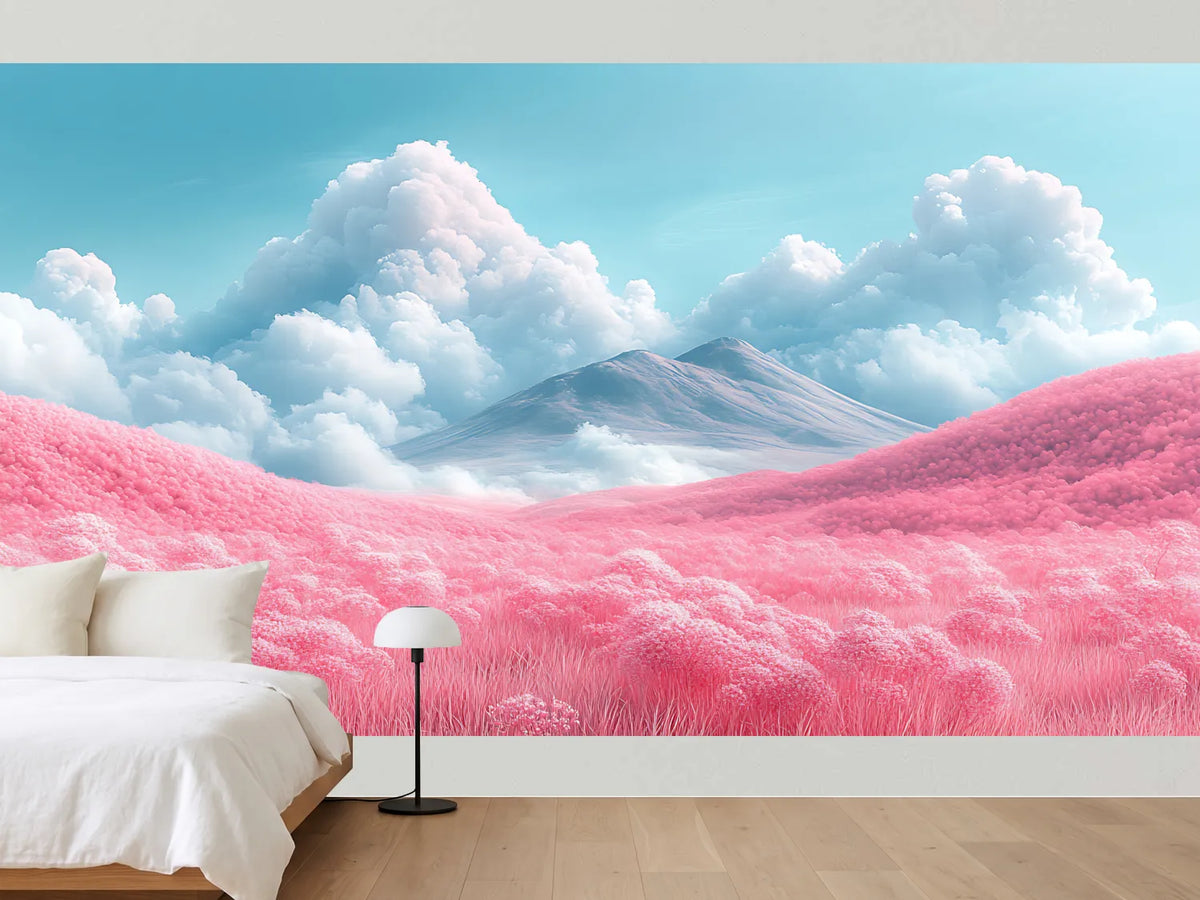 photo-wallpaper-pink-rolling-hills-before-a-volcanic-peak-under-towering-clouds