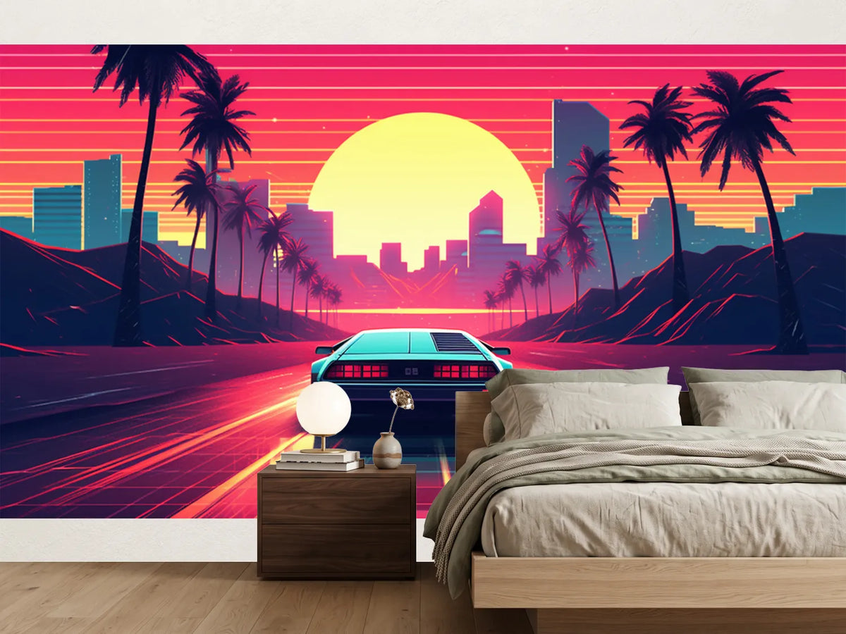 photo-wallpaper-sports-car-on-a-neon-highway-into-a-synthwave-sunset-with-palms