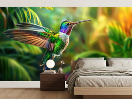 photo-wallpaper-flying-hummingbird-with-green-forest-in-background-small-colorful-bird-in-flight