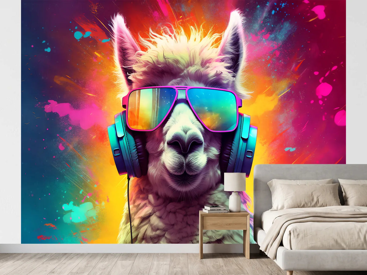 photo-wallpaper-llama-in-headphones-and-mirrored-shades-against-a-neon-colour-burst