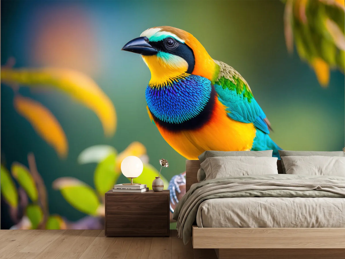 photo-wallpaper-tropical-bird-in-blue-and-orange-on-a-mossy-branch