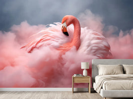 photo-wallpaper-flamingo-nestled-in-pink-feather-clouds-under-a-grey-sky