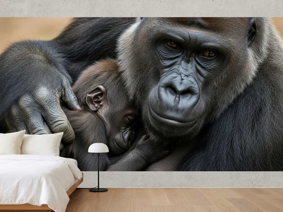 photo-wallpaper-gorilla-mother-cradling-her-sleeping-infant-in-warm-light