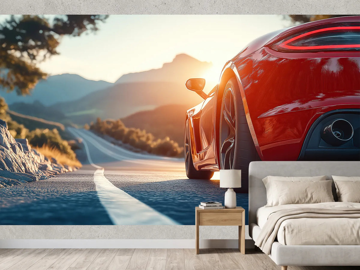 photo-wallpaper-red-sports-car-on-a-mountain-road-in-golden-evening-backlight