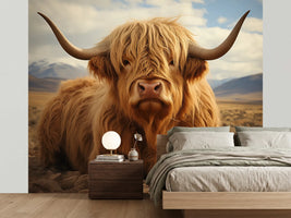 photo-wallpaper-shaggy-highland-cow-resting-before-a-wide-mountain-steppe