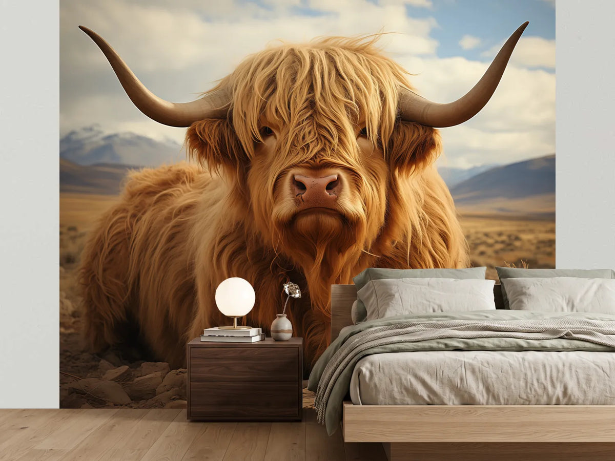 photo-wallpaper-shaggy-highland-cow-resting-before-a-wide-mountain-steppe