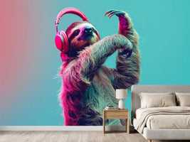 photo-wallpaper-dancing-sloth-with-pink-headphones-in-neon-light
