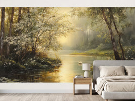photo-wallpaper-still-river-through-blossoming-woodland-in-golden-morning-haze